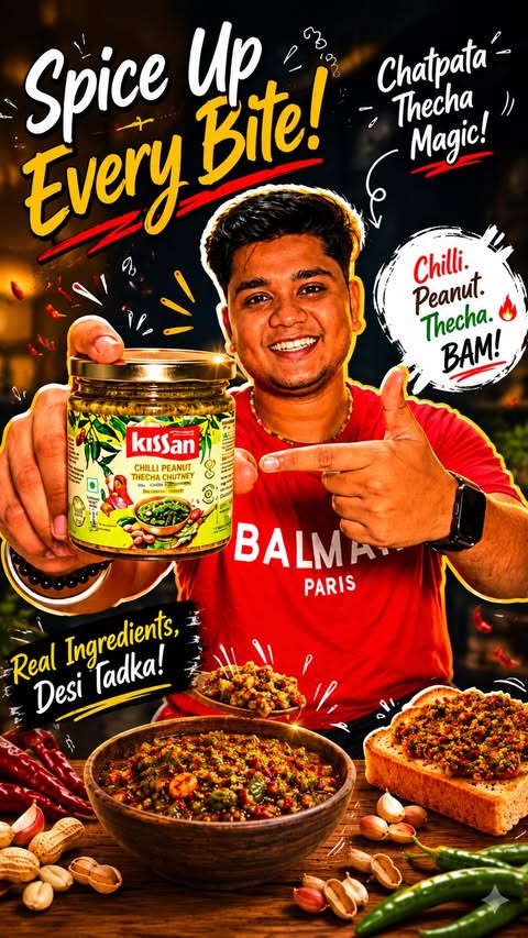 Instagram post by @soniroshan03 for Kissan. Caption reads: 🔥 Jitna spicy, utna tasty! 🌶️🥜 Kissan Chilli....