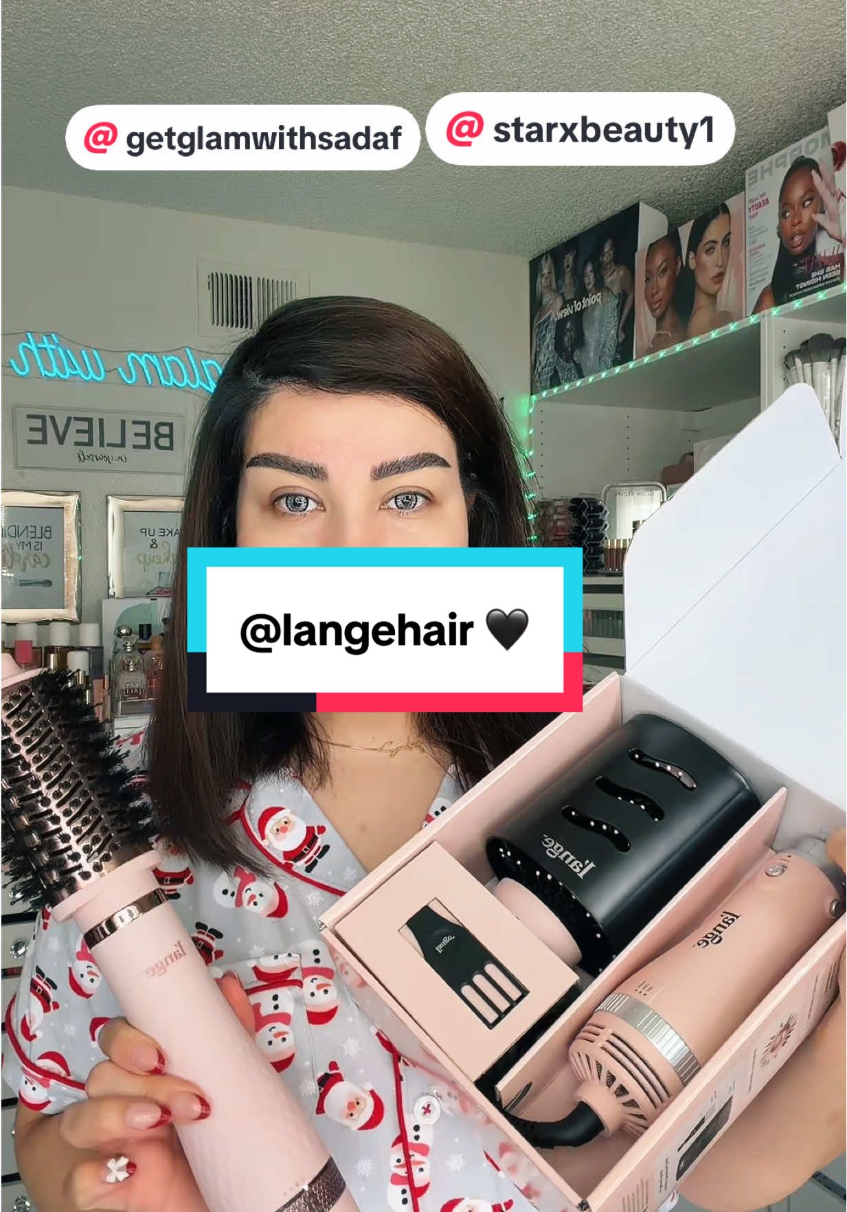 TikTok post by @get_glam_with_sadaf for L'ange Hair. Caption reads: @langehair 🖤.