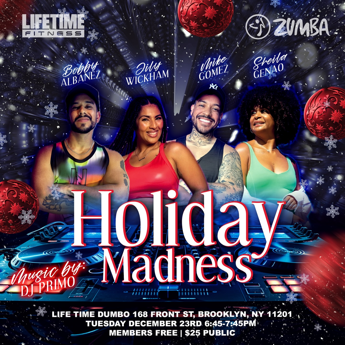 Instagram post by @mikegomezofficial for Life Time. Caption reads: Join us for a special Holiday Zumba class. Get....