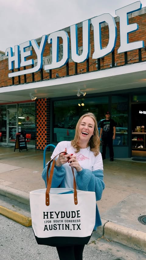 Instagram post by @shelbysorrel for HEYDUDE. Caption reads: not to be dramatic but the @heydude stretch sox....
