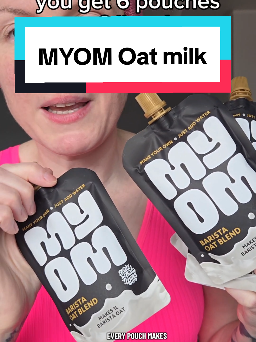 TikTok post by @inner.beautyuk for MYOM. Caption reads: MYOM Oat milk. Each pouch makes 1 litre. You [...].
