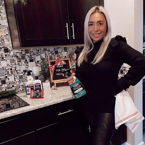 Instagram post by @stylemeblonde for Weiman. Caption reads: Does anyone else feel a clean kitchen makes the....