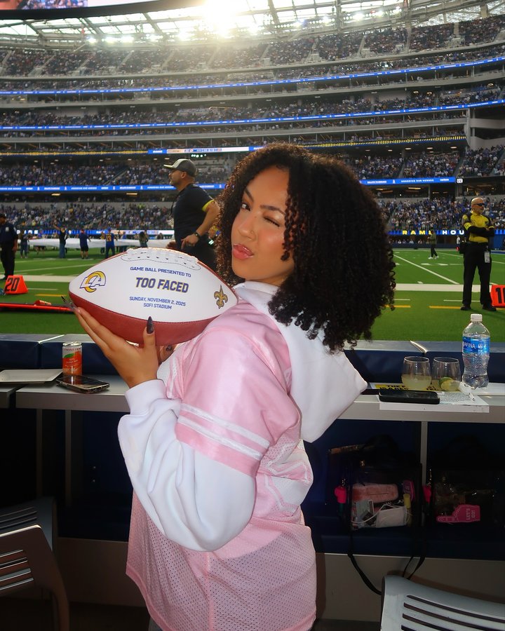 Instagram post by @alexabeckford for Too Faced. Caption reads: QB said “hike” but I heard “serve” 🏈 rams game....