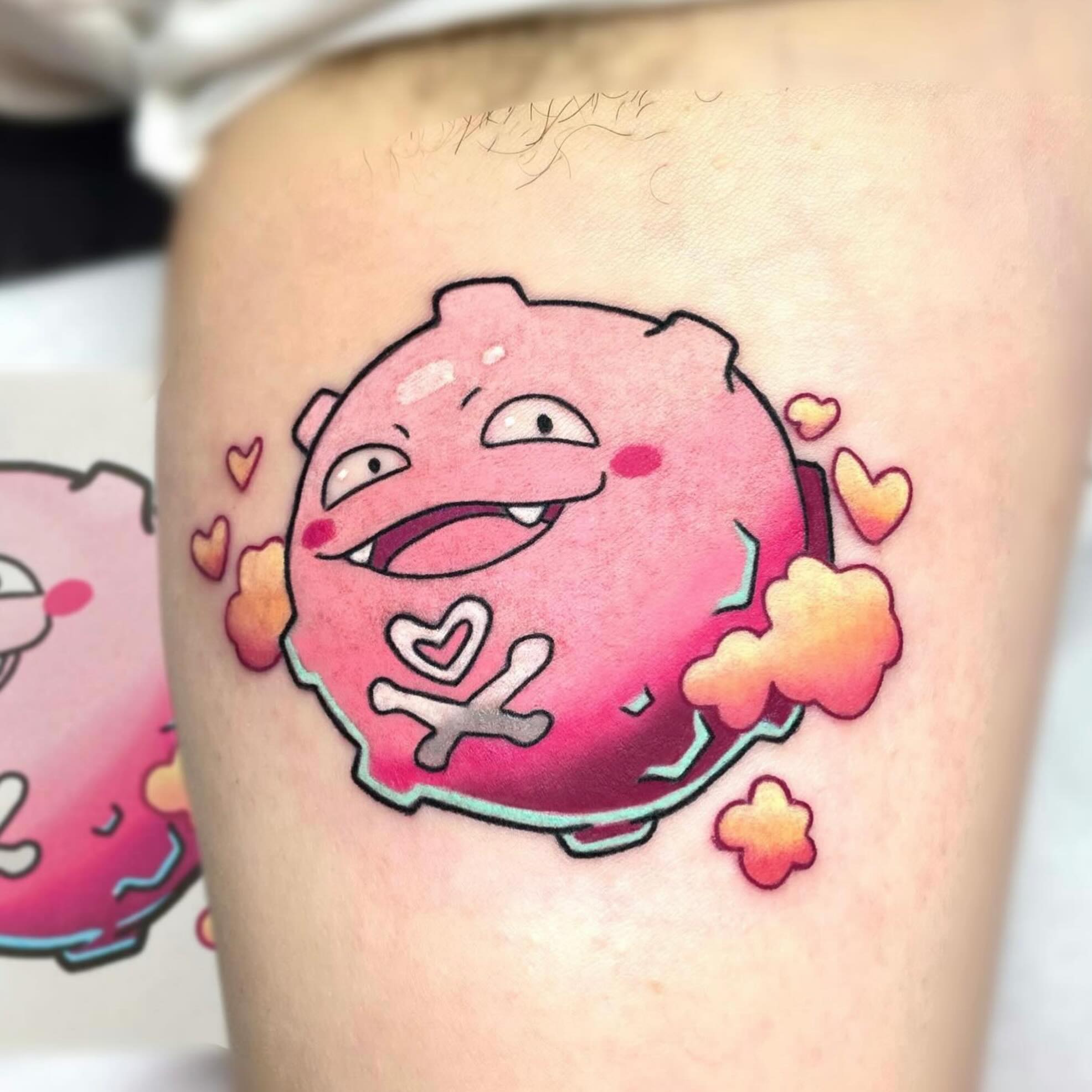 Instagram post by @deadpan_anne_tattoo for Barber DTS Tattoo Supplies. Caption reads: 💖Pink Pokémon 💖 it’s been a little while since....