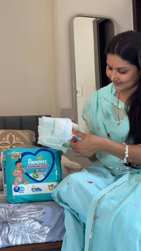 Instagram post by @anu_choudhary_vlogs for Pampers. Caption reads: [...] + enjoy upto 100% rash-free nights with....