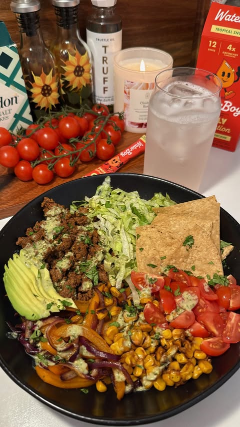 Instagram post by @_nutritionwithnat for MASA Chips. Caption reads: post-workout beef taco bowl & @waterboycan....