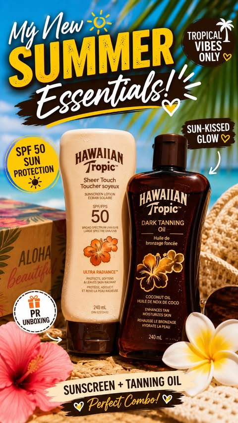 Instagram post by @mansi_jamwal__._ for Hawaiian Tropic. Caption reads: [...] make it tropical 🌴☀️✨ Loving my Hawaiian....