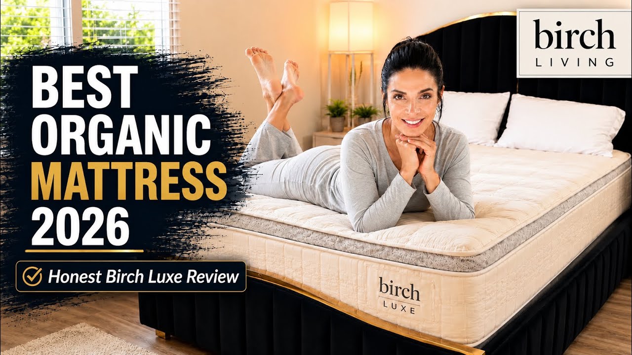 YouTube post by @JanineDelaney for Birch. Caption reads: Best Organic Mattress 2026 | My Honest Birch Luxe....