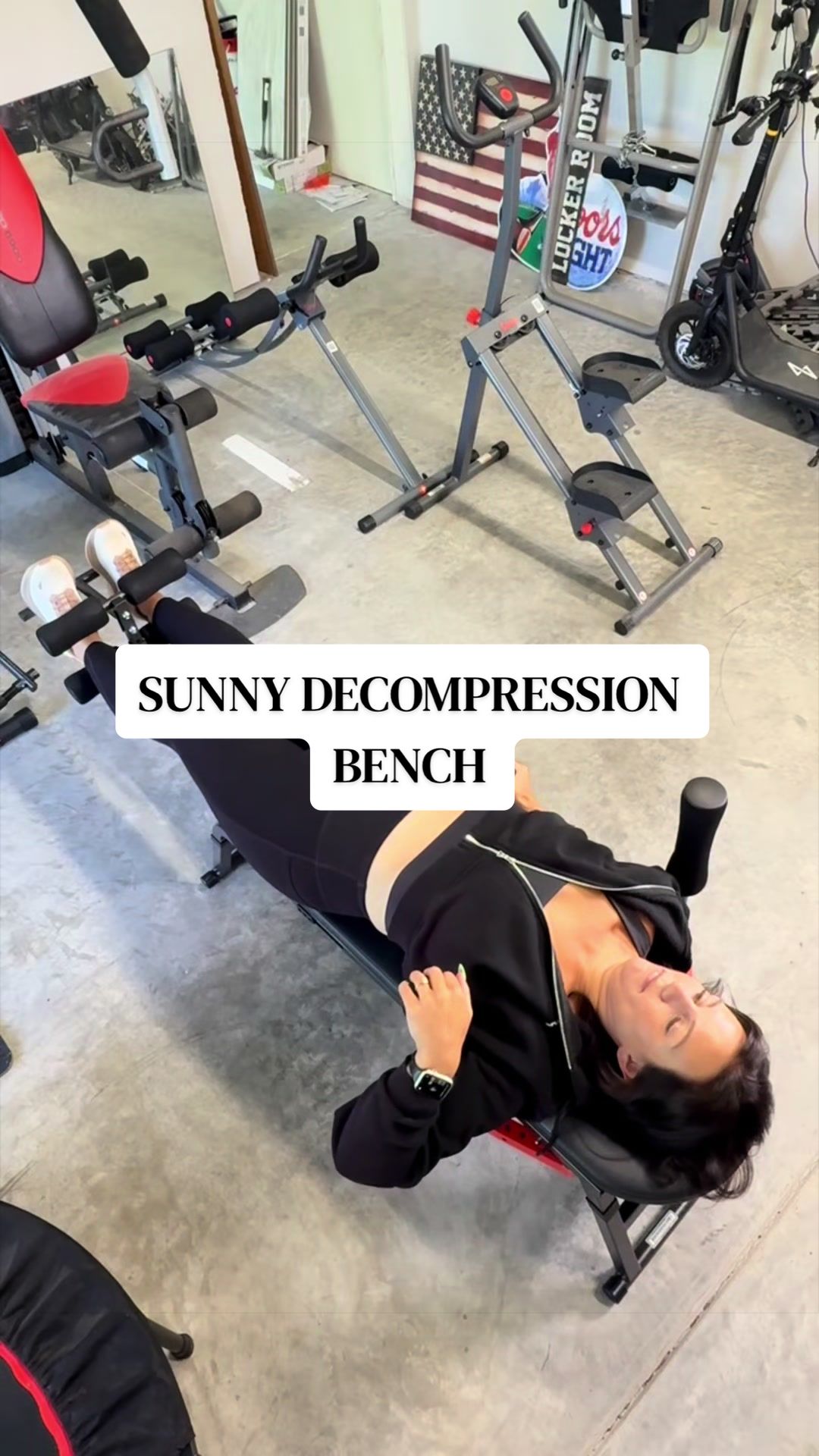 TikTok post by @k.singleton for Sunny Health & Fitness. Caption reads: [...] away my bulky inversion table!....
