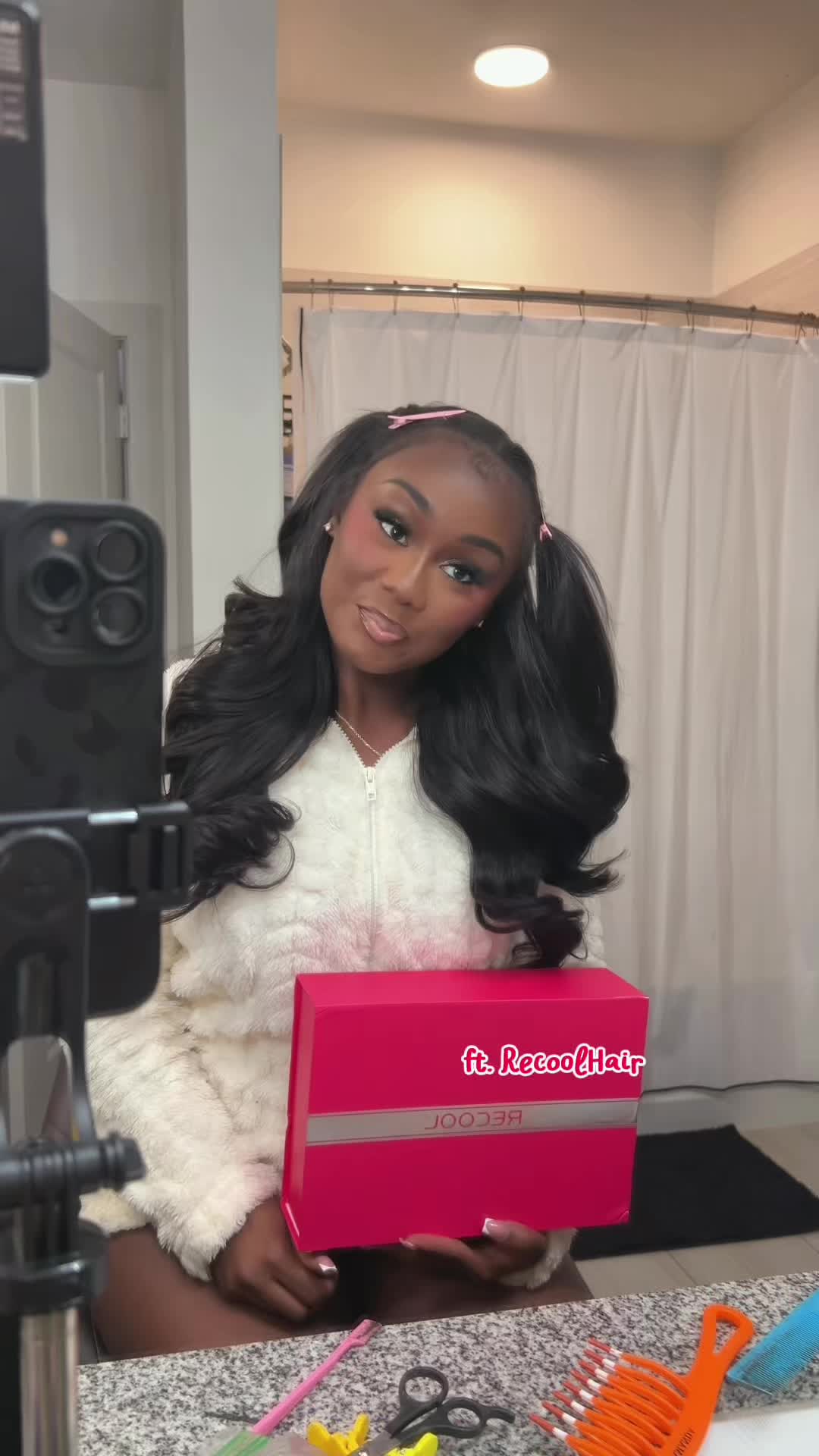 TikTok post by @thedollanaria for Recool Hair. Caption reads: [...] so cute and easy blend Half Wig from....