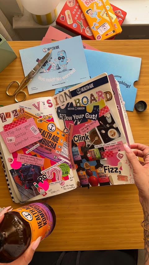 Instagram post by @katkalopsia for Health-Ade Kombucha. Caption reads: Building my 2026 vision board with one theme in....