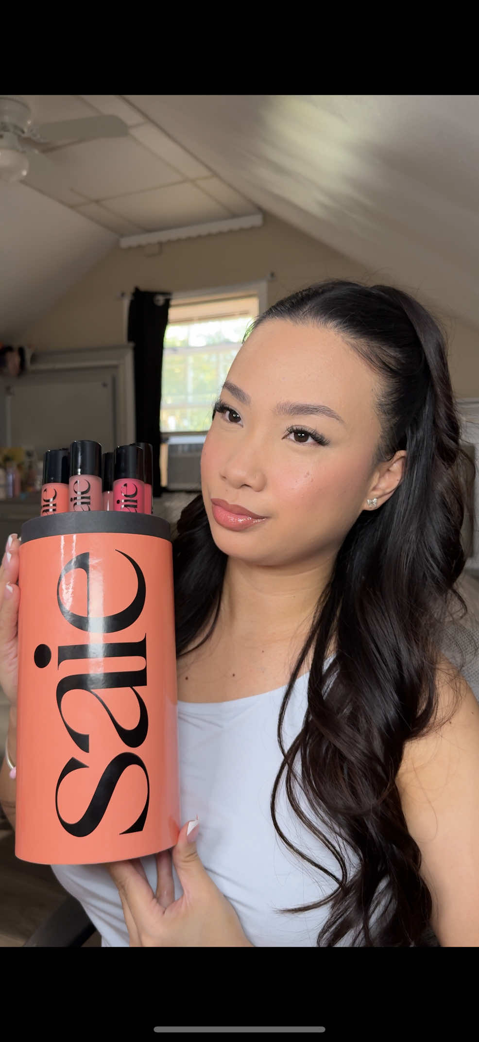 TikTok post by @anjane.xo for Saie hello. Caption reads: @Saie Dew Blush + Glossybounce monochrome pairings....