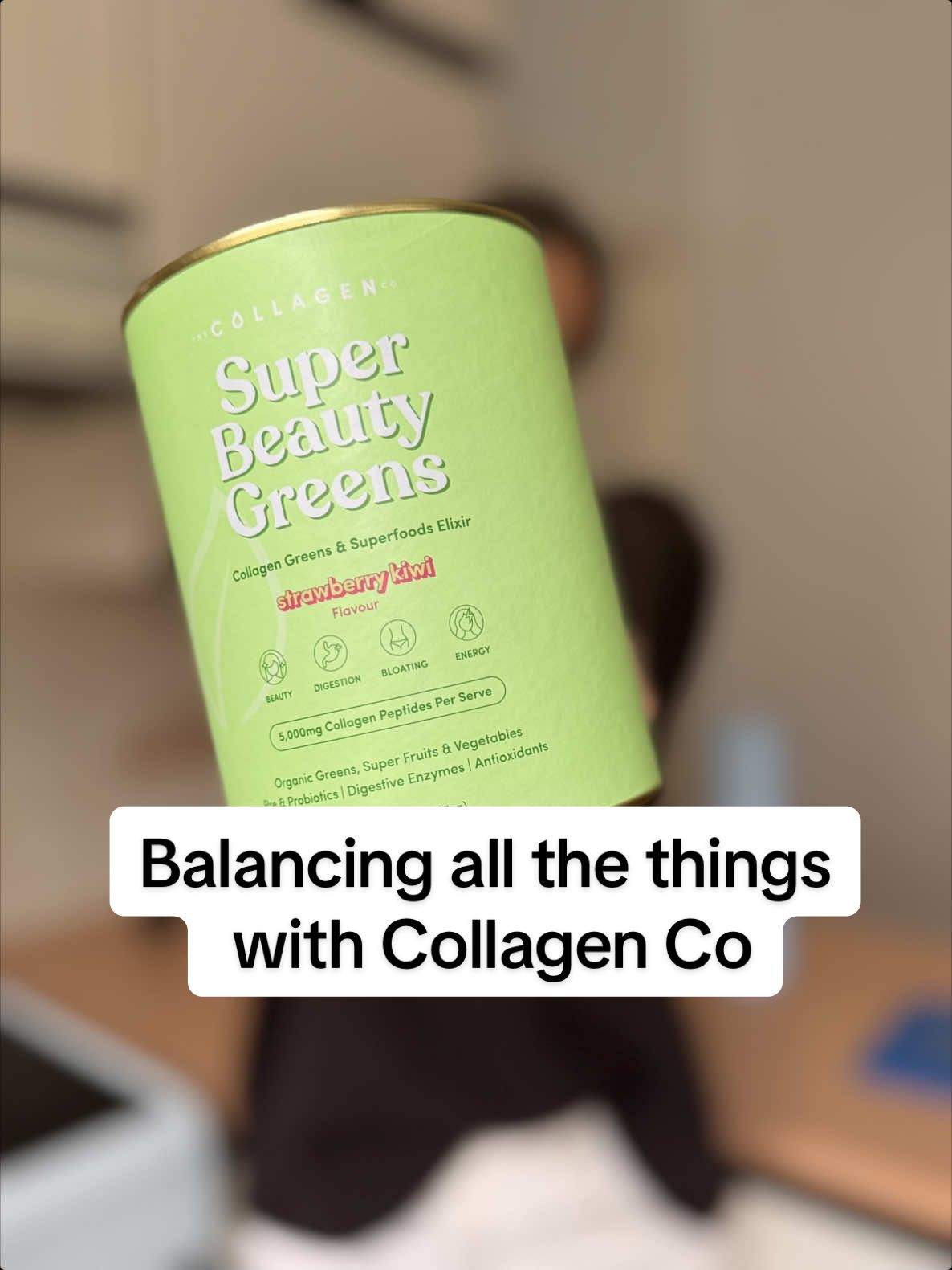 TikTok post by @themindfullyorganisedmum for The Collagen. Caption reads: AD | Gifted by @The Collagen Co 💚🍓 Postpartum....
