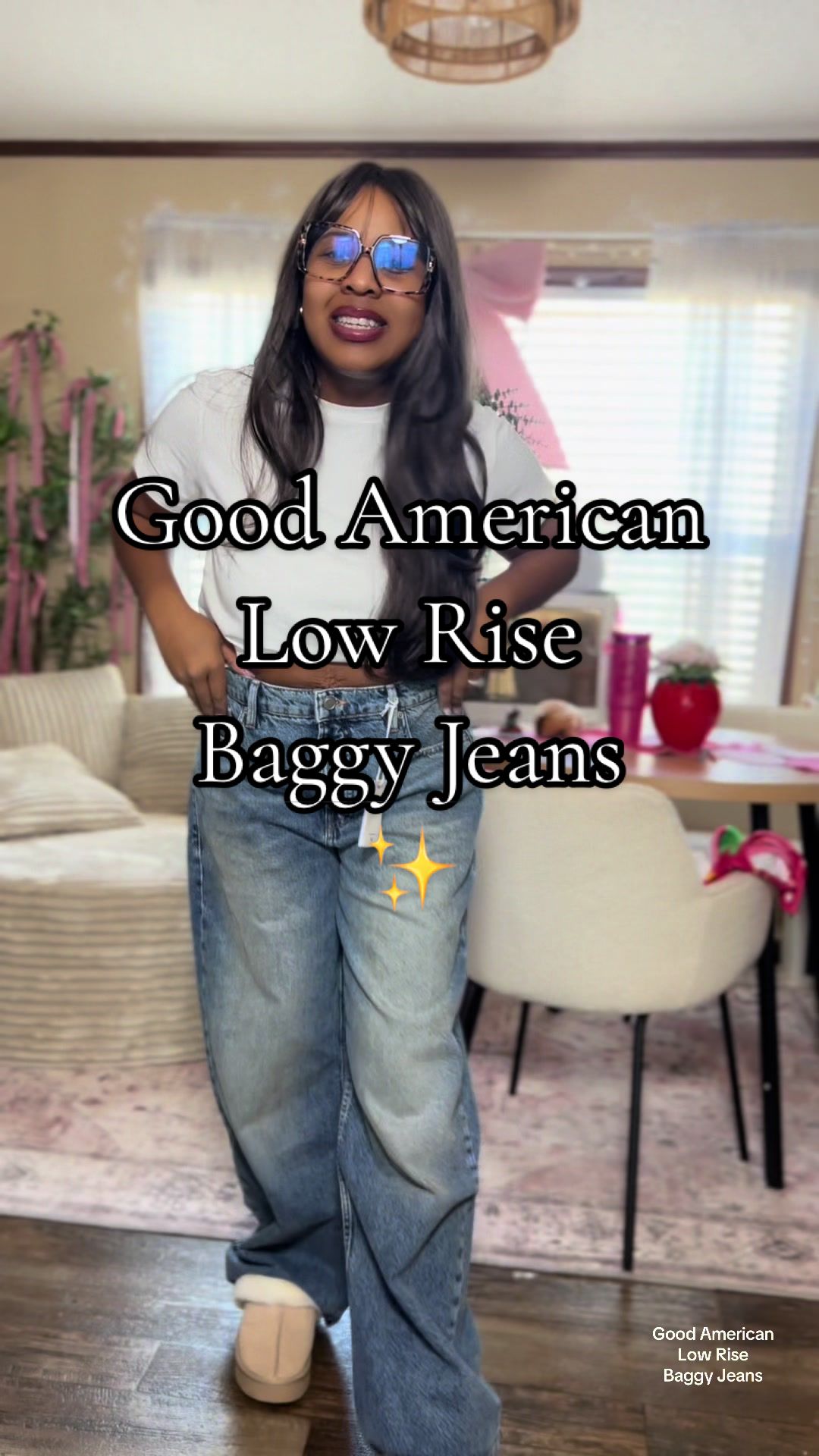 TikTok post by @kalilashops for GOOD AMERICAN. Caption reads: Good American low rise baggy jean #goodamerican....