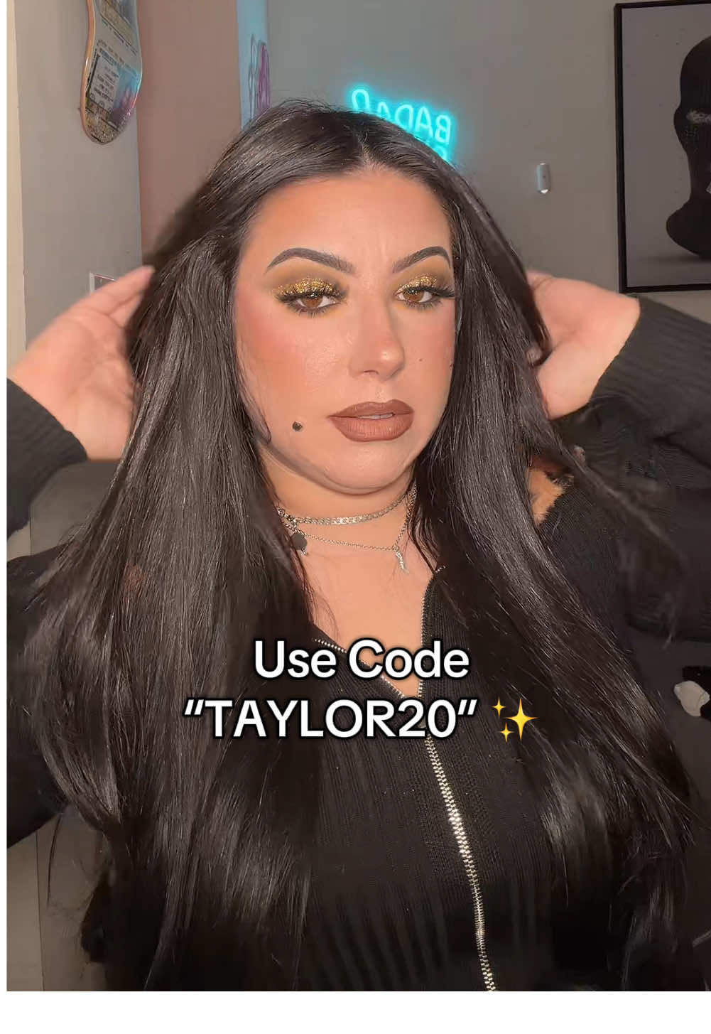 TikTok post by @tayloranngallo for FoxyBae Hair. Caption reads: [...] and suddenly I'm leaving the house @FoxyBae....