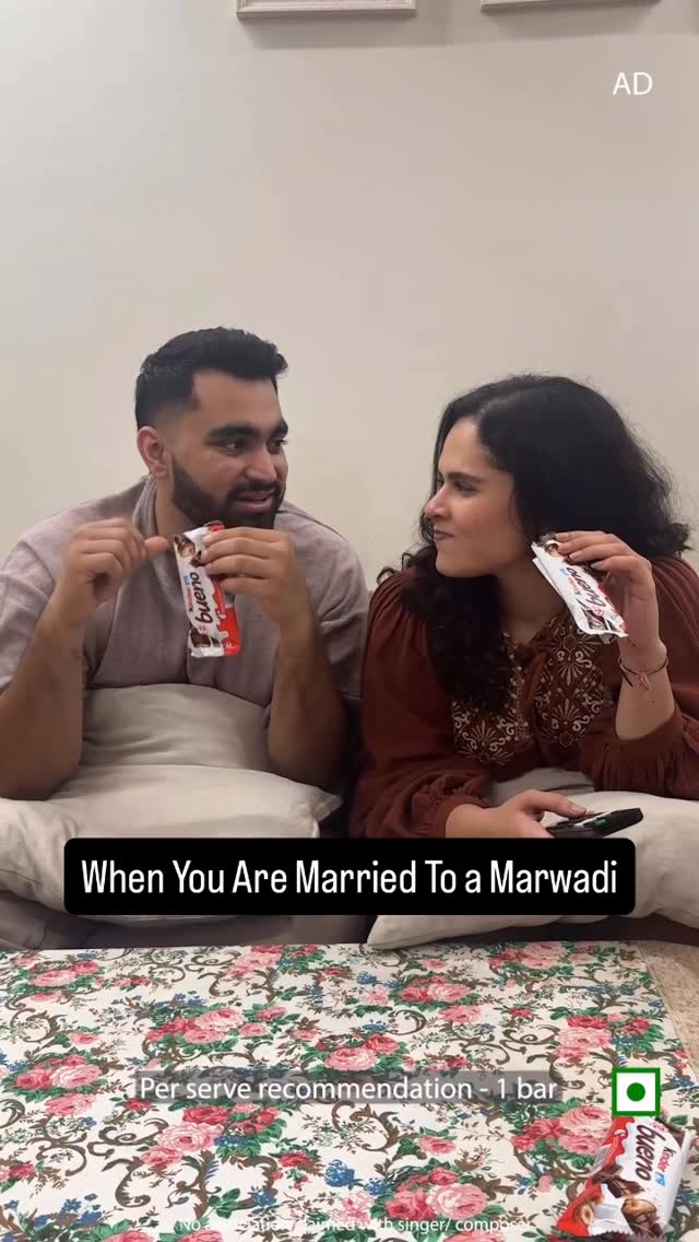 Instagram post by @viraj_ghelani for Kinder. Caption reads: Not sure what’s better – the Marwadi Jamai....