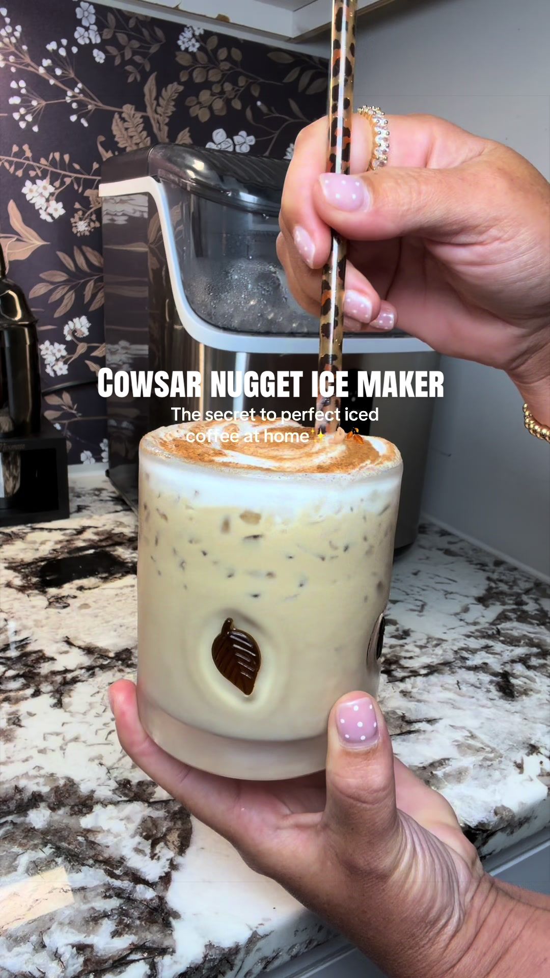 TikTok post by @christinaellerbe90 for Cowsar Appliance. Caption reads: [...] #IcedCoffee #CoffeeTok #fallvibes @Cowsar....