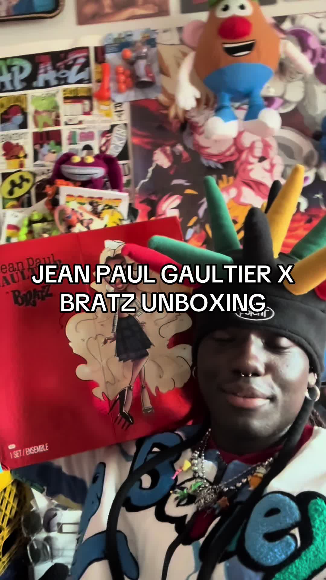 TikTok post by @potentko_ for Bratz. Caption reads: @JeanPaulGaultier @bratz Unboxing.