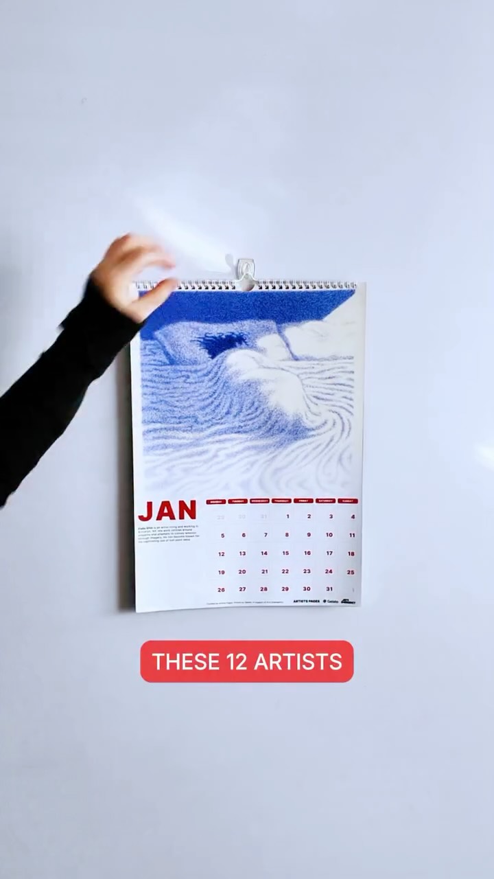 Instagram post by @artists.pages.daily for Gelato. Caption reads: Our calendar is here! Meet the 12 artists hidden....