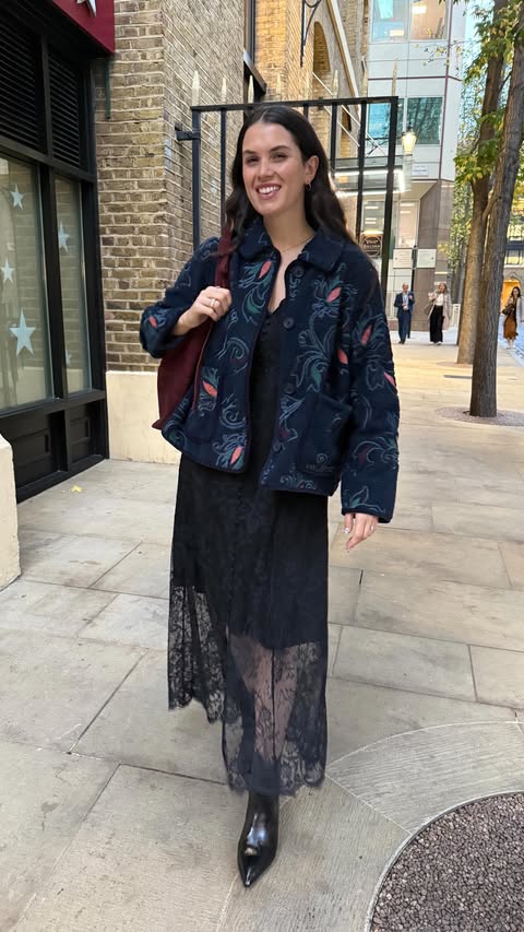 Instagram post by @emilylouisejeal for FatFace. Caption reads: [...] along with me as I head to London for a....