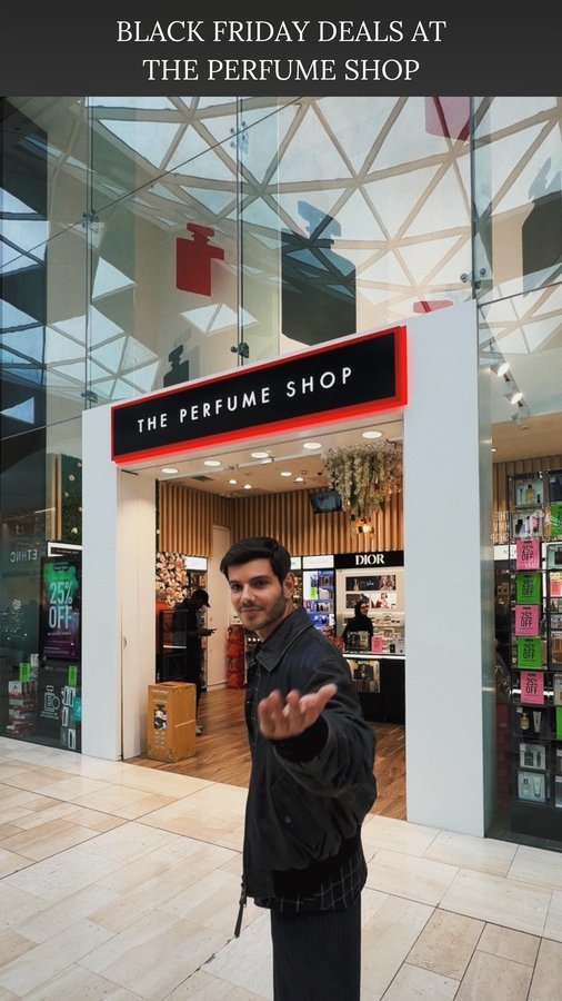 Instagram post by @dfmarin for The Perfume Shop. Caption reads: Black Friday deals at @ThePerfumeShop are too good....