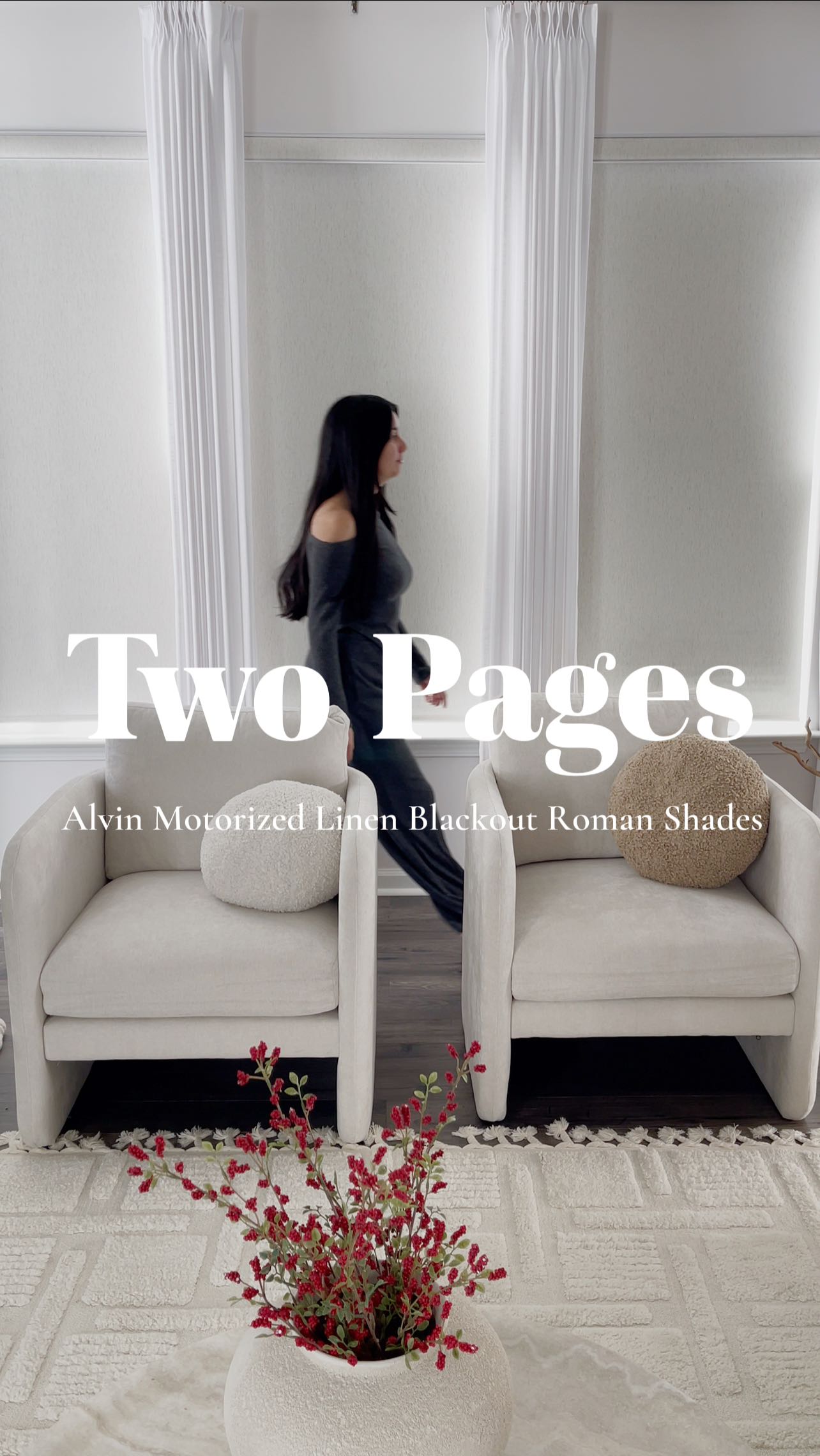 Instagram post by @jeanny.myneutralhome for Twopagescurtains. Caption reads: New Motorized Linen Blackout Roman Shades From....