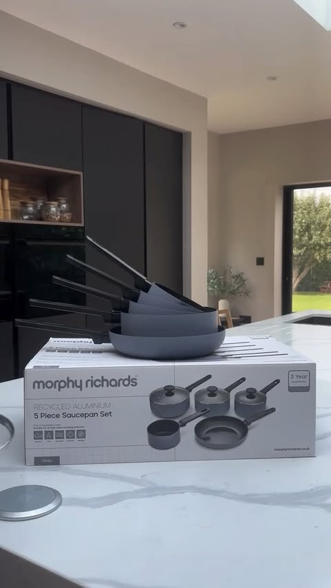 Instagram post by @mygreyoakhomeproject for Morphy Richards. Caption reads: [...] Aluminium Saucepan Set from....