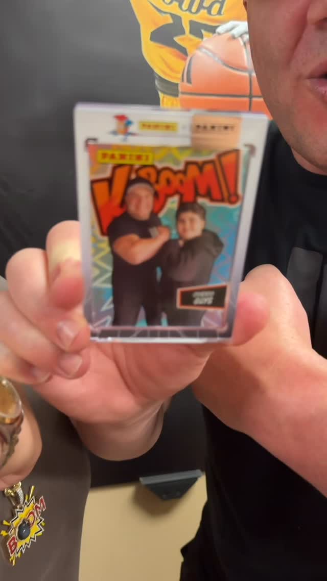 Instagram post by @a.j.andbigjustice for Panini America. Caption reads: Bring KABOOM! 💥 #cards #sports #kaboom #father....