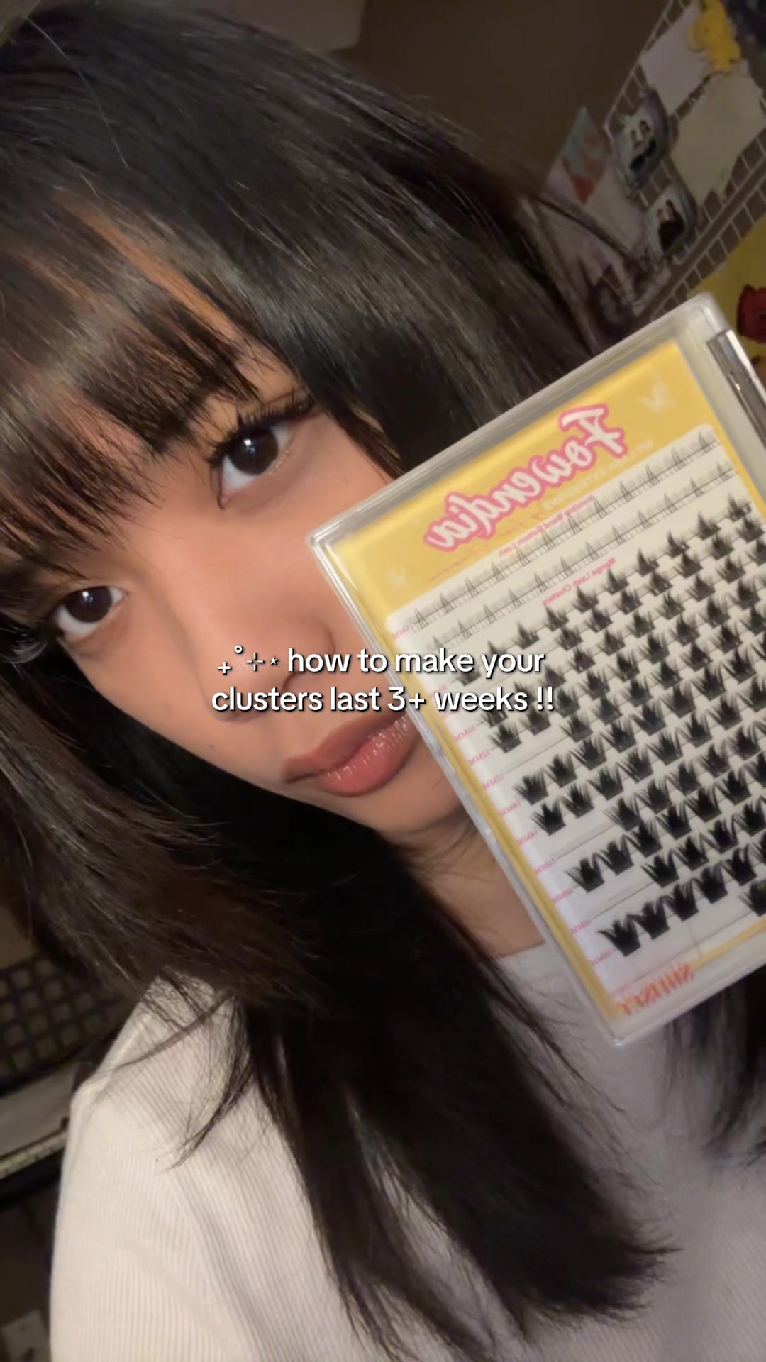 TikTok post by @mari1ngg for Fowendia Lashes. Caption reads: [...] quick lash cluster tips & tricks ;3....