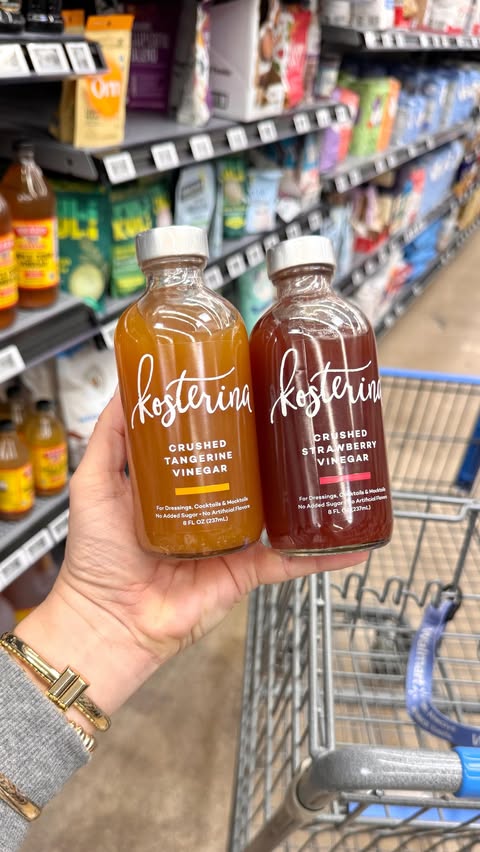 Instagram post by @walmartfavs for Kosterina. Caption reads: LOOK 👀 Kosterina’s Crushed Fruit Vinegars, now....