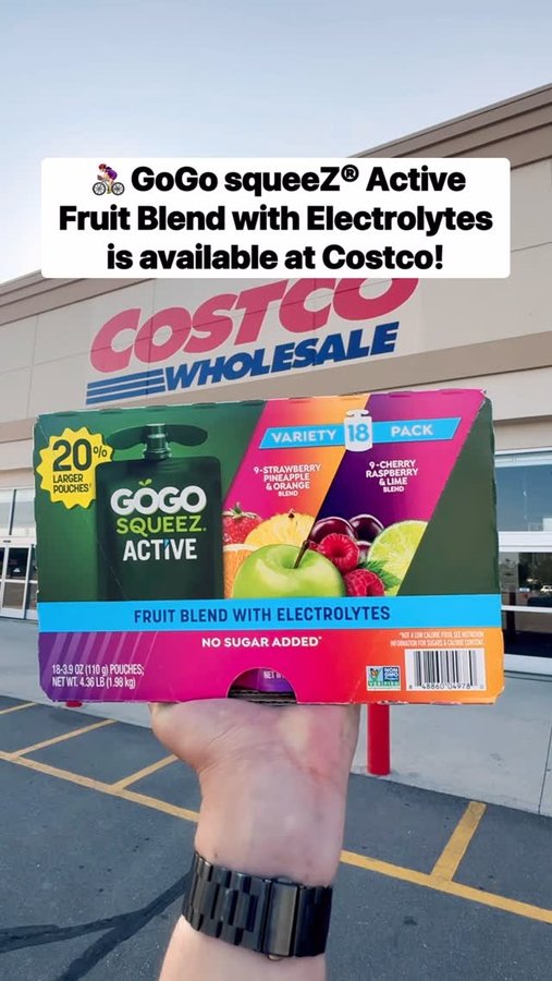 Instagram post by @costcobuys for GoGo squeeZ. Caption reads: #ad 🚴🏻‍♀️ GoGo squeeZ® Active Fruit Blend with....