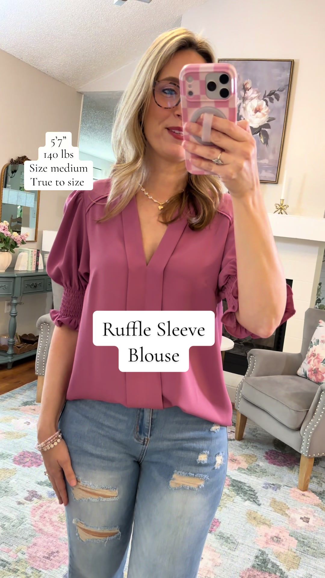 TikTok post by @jennmccoy81 for Evaless. Caption reads: [...] work blouse with ruffle sleeves 😍....