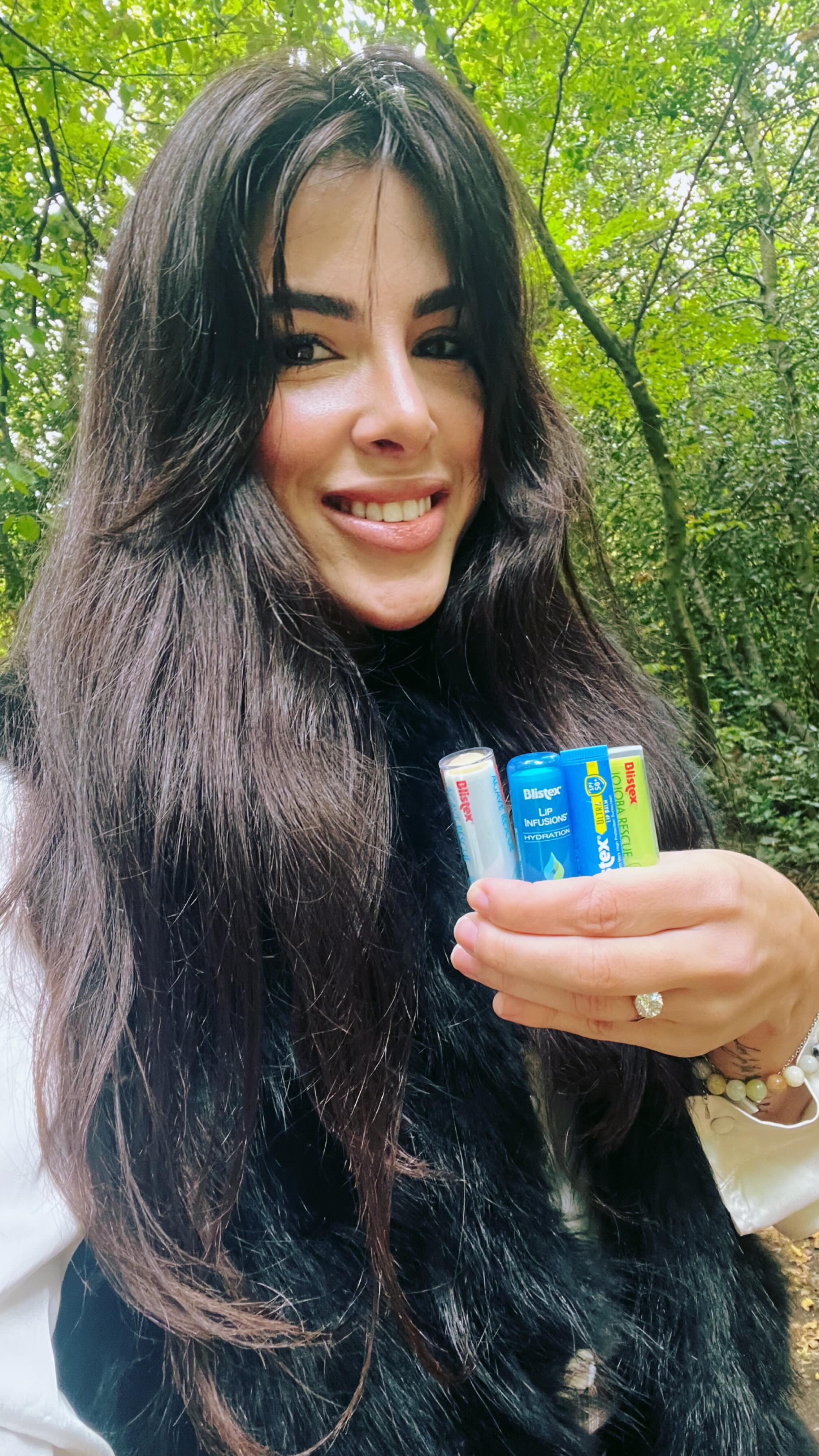 Instagram post by @aimieatkinson for Blistex. Caption reads: [...] be tough on my lips, so I’m keeping my....