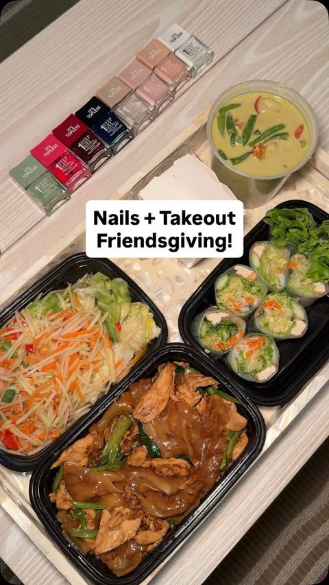 Instagram post by @thequeenfoodie for Nails.INC. Caption reads: [...] Friendsgiving reset: Thai takeout, and....