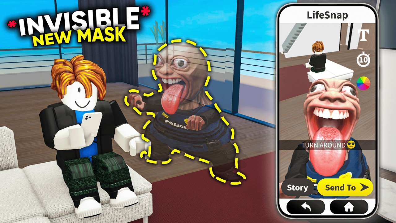 YouTube post by @capyroblox for gimmeswag. Caption reads: INVISIBLE SNAPCHAT ROBLOX TROLLING (NEW MASK).
