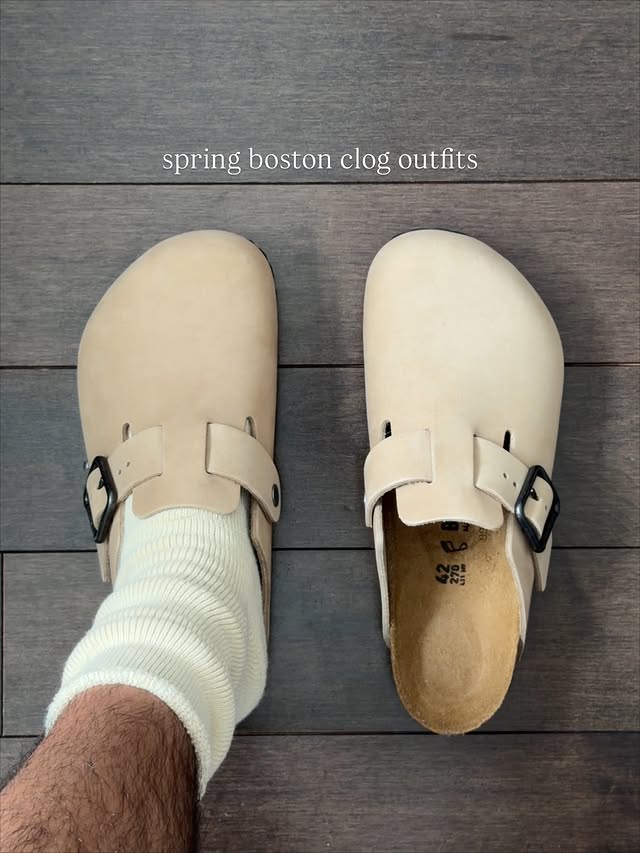 Instagram post by @omgessin for Birkenstock. Caption reads: [...] long with my wire buckle boston clogs....