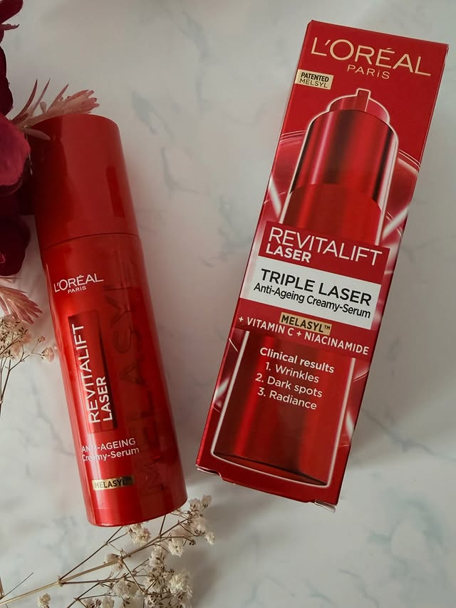 Instagram post by an influencer for L'Oréal Paris. Caption reads: The Revitalift Laser Melasyl Serum Cream is packed....