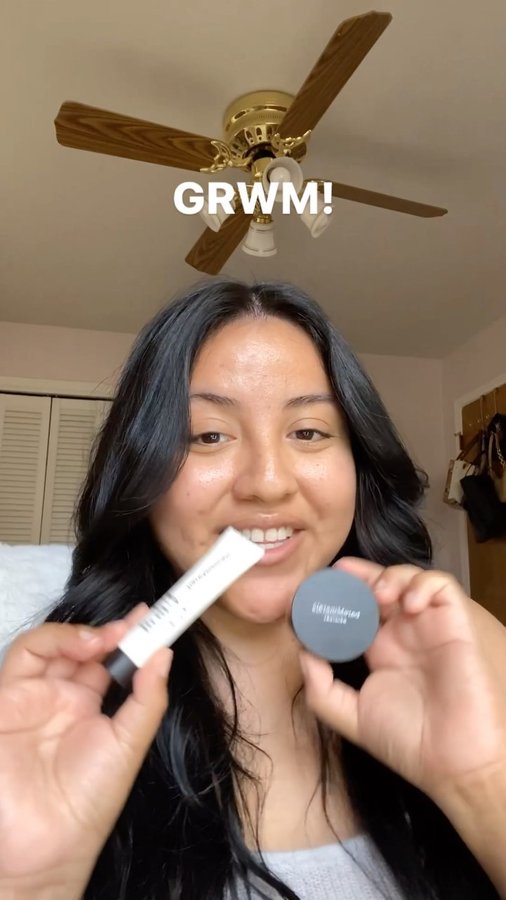 Instagram post by @ana.oelen for College Fashionista. Caption reads: Get ready with me and @bareminerals!🤍Today I am....