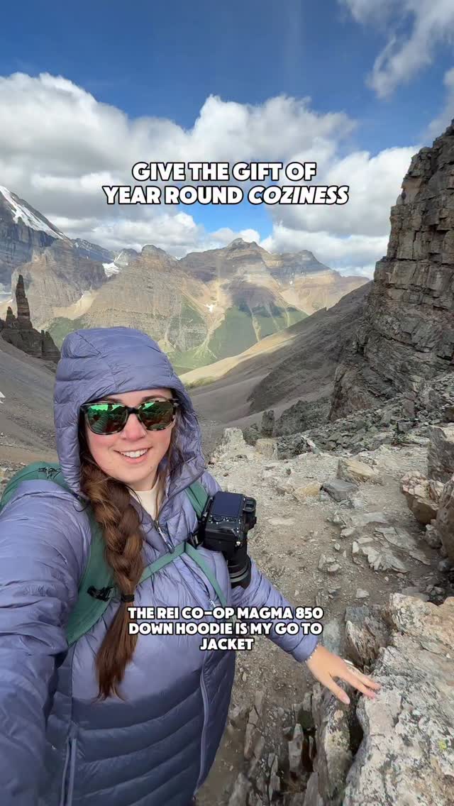 Instagram post by @jessicarosepnw for REI. Caption reads: The @rei Co-op Magma 850 Down Hoodie is my go-to....