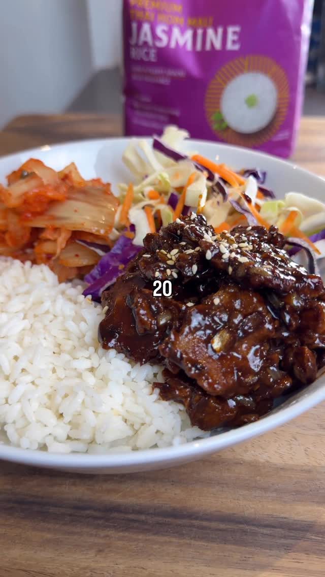 Instagram post by @tom.smallwood for SunRice. Caption reads: Make this restaurant quality Korean Beef Bowl in....