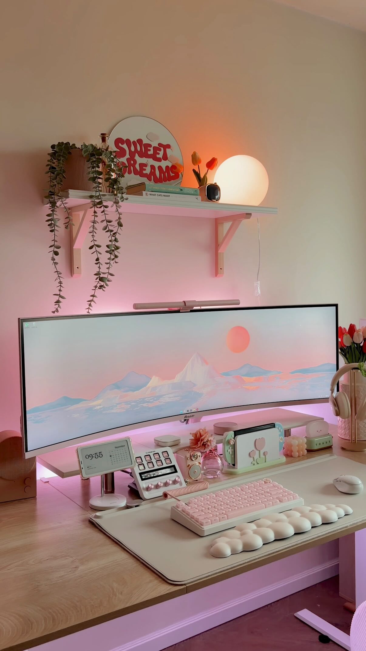 Instagram post by @gamergirlgale for Arozzi. Caption reads: [...] dream pink monitor 🖥️🌷🍃

this is the....