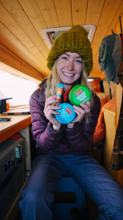 Instagram post by @miss.rover for O’Keeffe’s Company. Caption reads: Winter adventure tips with my partner....