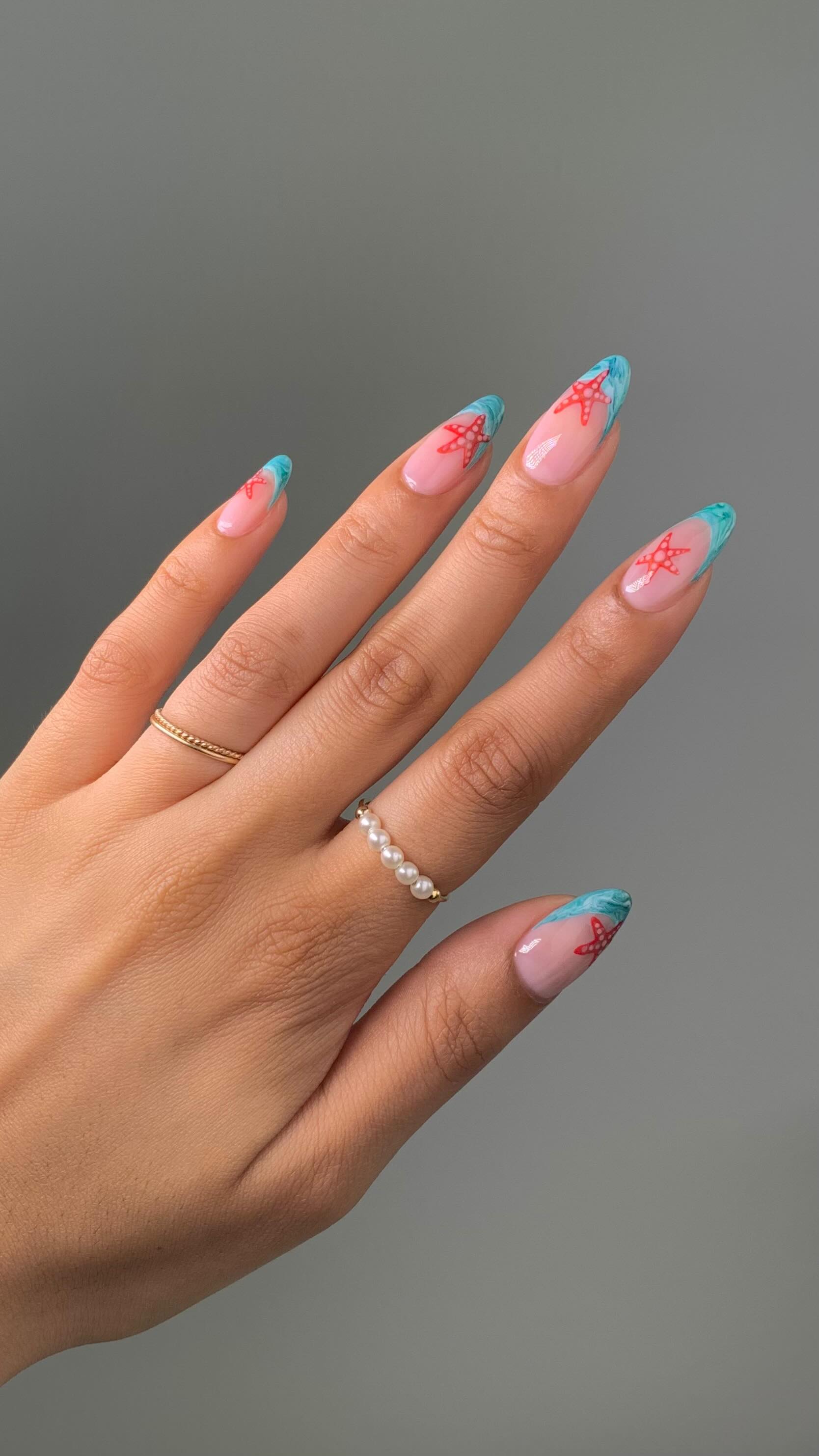 Instagram post by @glossytipped for Essie. Caption reads: Vacation ready with beachy marbled tips and cute....
