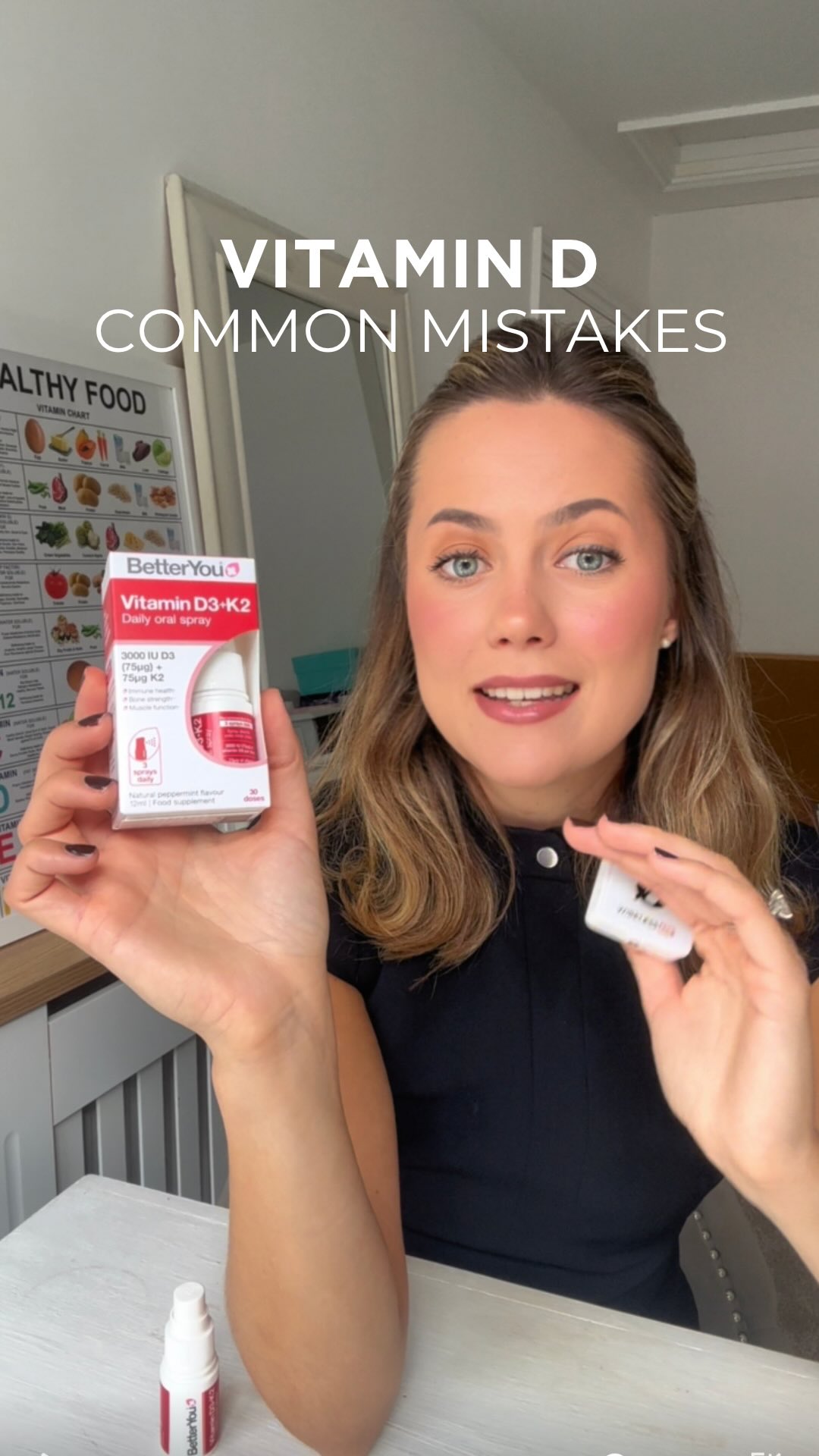 Instagram post by @nutritionistkristen for BetterYou. Caption reads: [...] Vitamin D3+K2 Daily Oral Spray from....