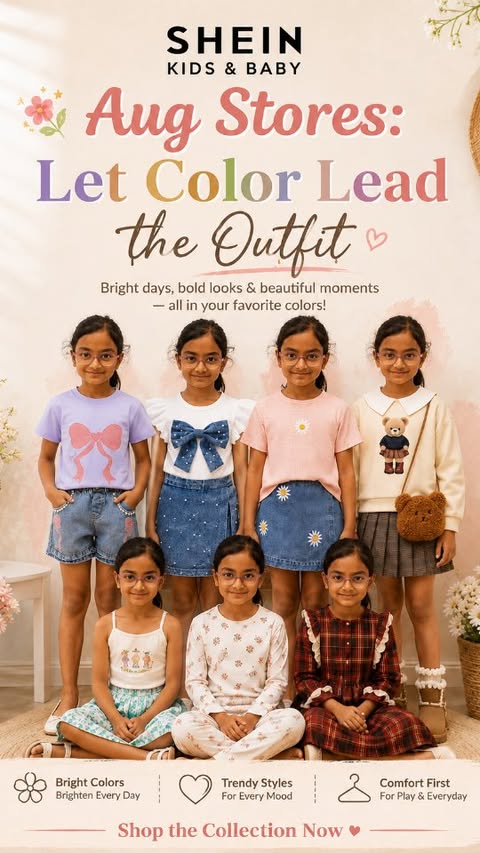 Instagram post by @twins.saga for SHEIN KIDS. Caption reads: SHEIN Kids&Baby Aug Stores: Let Color Lead the....