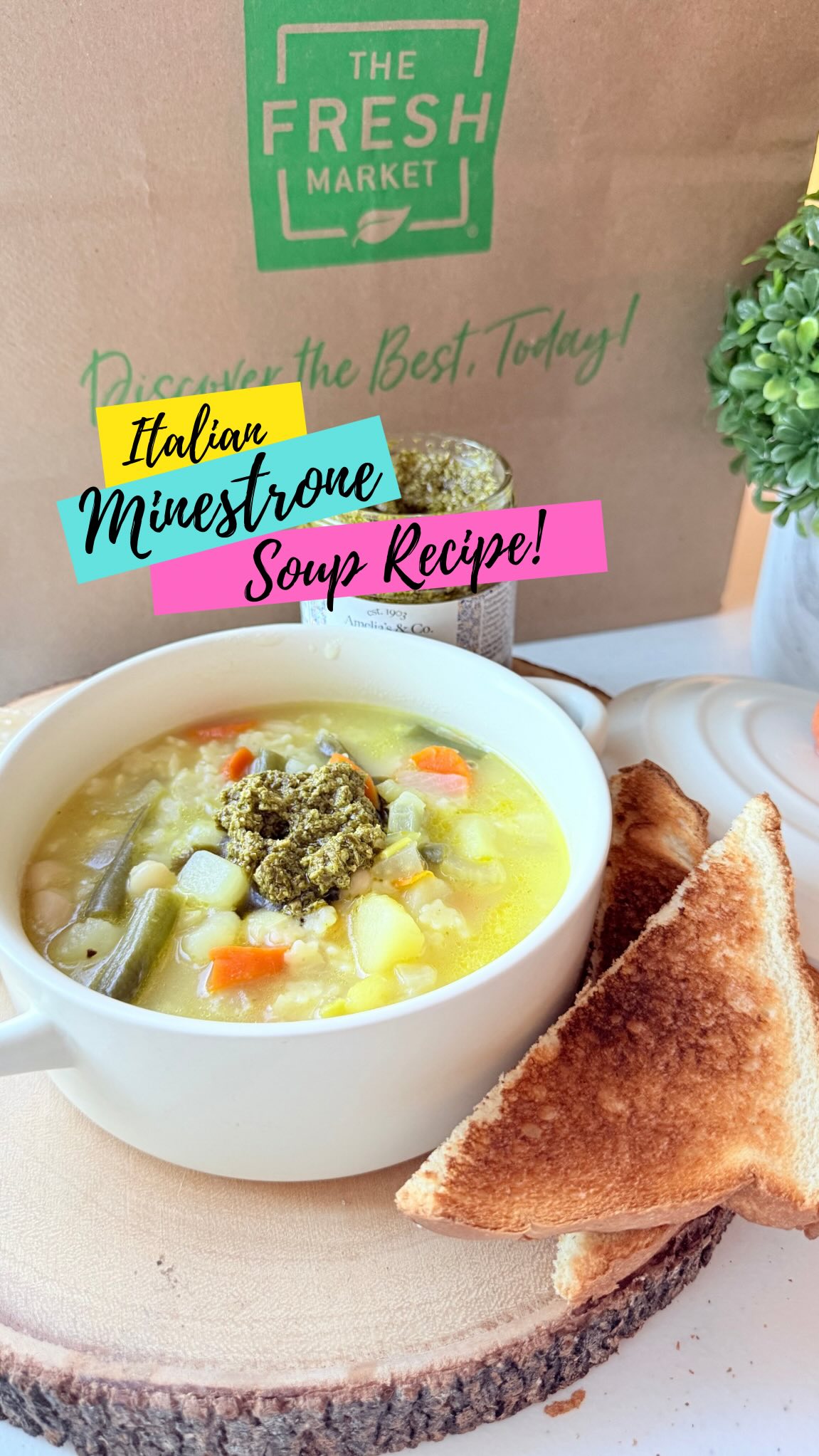 Instagram post by @the_mediterranean_chick for The Fresh Market. Caption reads: ✨ Easy Italian minestrone soup recipe that will....