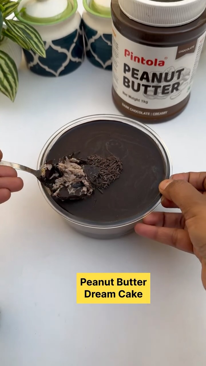 Instagram post by @cookwith_satviksmom for Pintola. Caption reads: Peanut Butter Dream Cake Recipe Only 5 Ingredients....