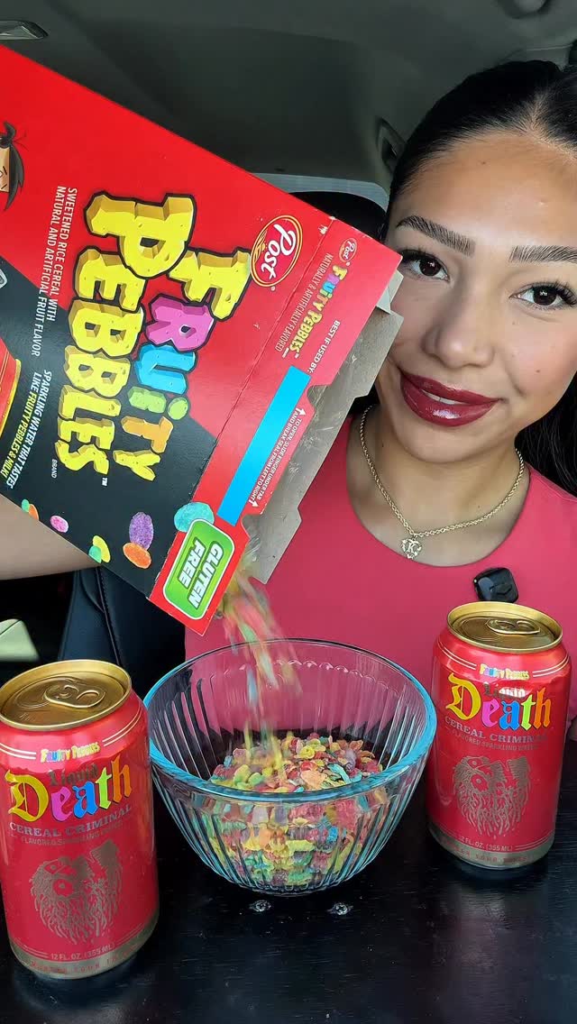 Instagram post by @keilapachecoeats for Liquid Death. Caption reads: This @liquiddeath & Fruity Pebbles collab is....