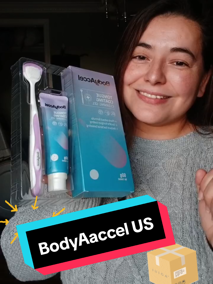 TikTok post by @sindyrivas18 for Bodyaccel. Caption reads: @BodyAccel US #tongue #cleaning #gel #oralhealth....
