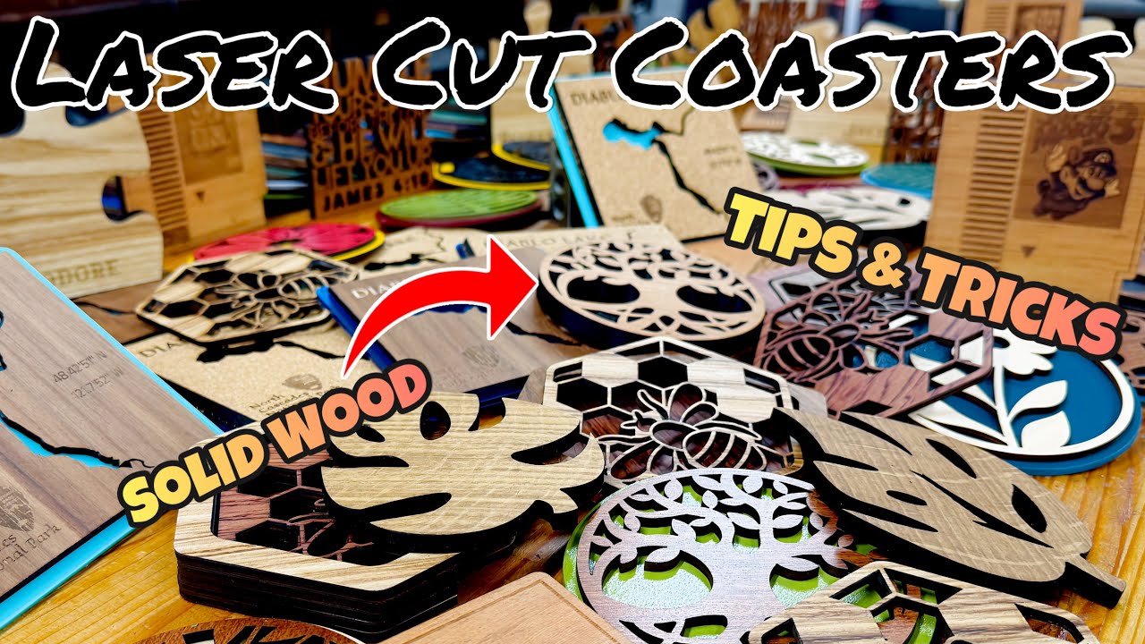 YouTube post by @SixEightWoodworks for Creative Fabrica. Caption reads: Laser Cut Coasters: Tips & Tricks, Sales Ideas,....